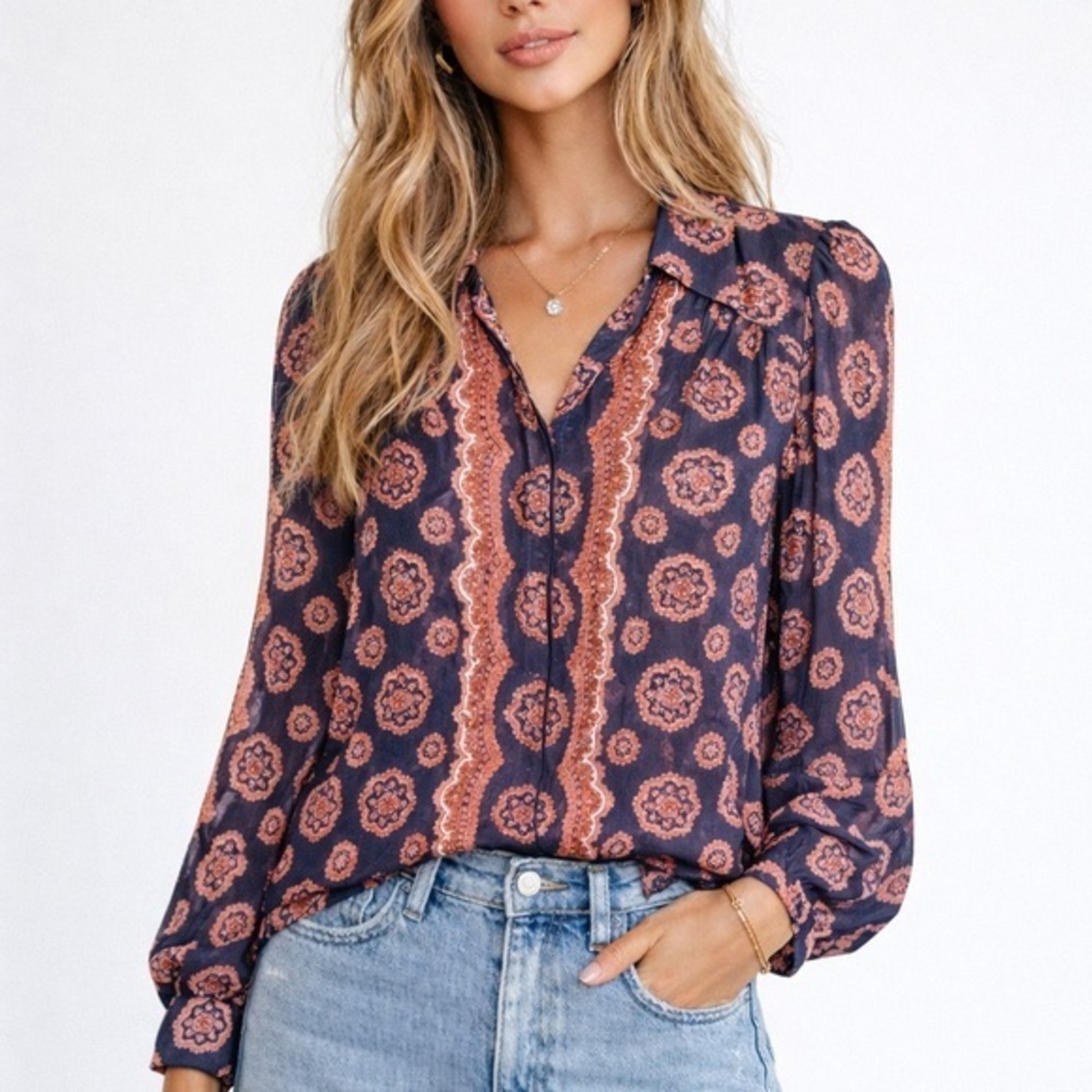 PAIGE Navy and Coral Floral silk button blouse